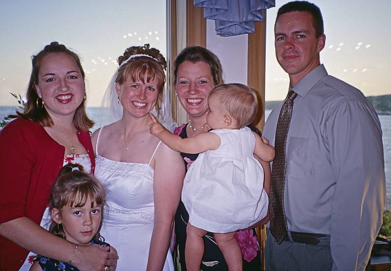 Tanya, ?, Krista, Jeremy's wife, child, and Jeremy.<br />Krista's and Marc's wedding.<br />June 8, 2001 - Gloucester, Massachusetts.