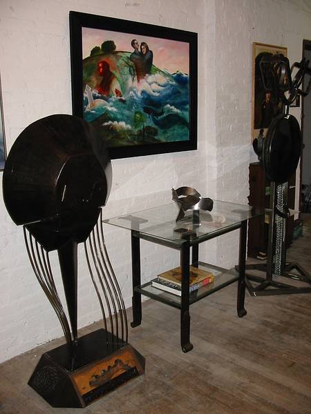 July 15, 2001 - At Joyce's studio in Amesbury, Massachusetts.<br />Joyce's horse shoe crab sculpture, barn hinge table, and painting.
