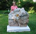 July 19, 2001 - Moses-Kent House Museum, Exeter, New Hampshire.<br />Outdoor sculpture exhibit<br />Antoinette Prien Schultz talking about her stone and glass sculpture.