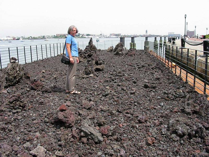Aug 24, 2001 - Fan Pier, Boston, Massachusetts.<br />Joyce on Olafur Eliasson's lava barge.
