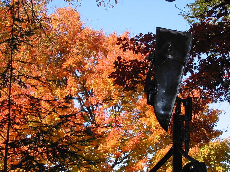 Oct 24, 2001 - Merrimac, Massachusetts.<br />Head of "Introspection", a person like steel sculpture by Joyce on the back porch.