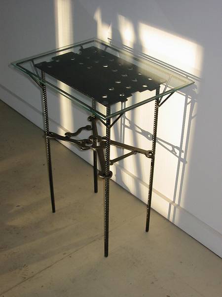 Dec 22, 2001 - At Joyce's studio, Amesbury, Massachusetts.<br />Metal and glass table.