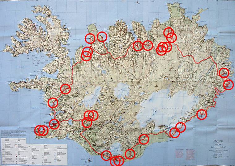 Aug 28 - Sept 3, 2001 - Map of Iceland.<br />Circles represent areas in which the following images were taken.