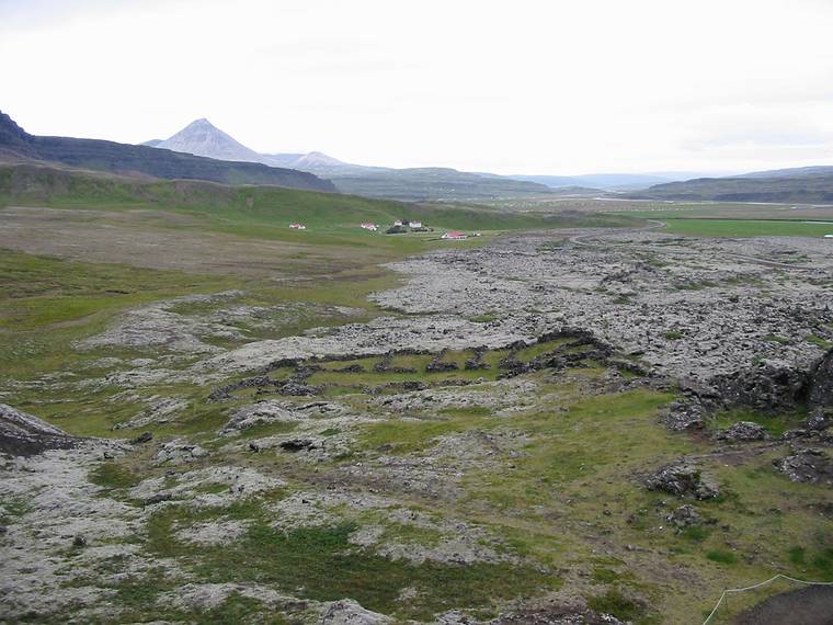 Aug 28, 2001 - Site of an extinct volcano at Grábrók, Iceland.<br />View of the Norðurá River valley.