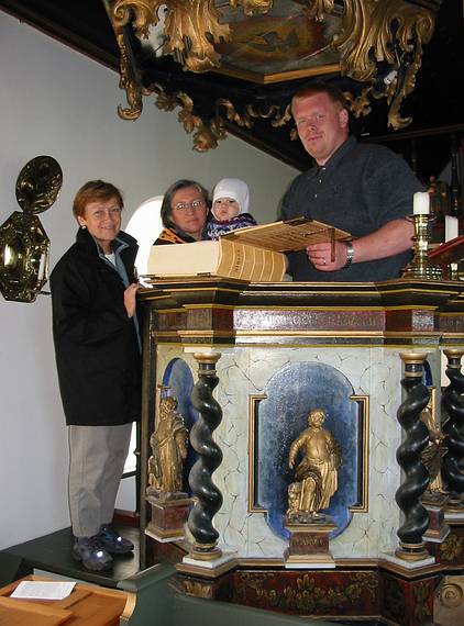 Aug 28, 2001 - Church at ingeyrar, Iceland.<br />Baiba, Joyce, Gujn, and Ptur at the pulpit.