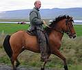 Aug 28, 2001 - Reykjastrnd, Iceland.<br />Man riding an Icelandic horse on the road to Reykir.