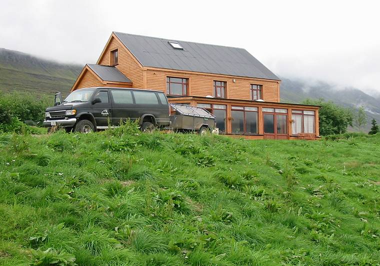 Aug 29, 2001 - At the Bjrk farm, Akureyri, Iceland.<br />Ptur's van and the house we stayed in.