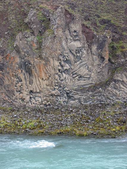 Aug 29, 2001 - Goafoss (the waterfall of the gods), Iceland.<br />Basalt rock wall below the falls.