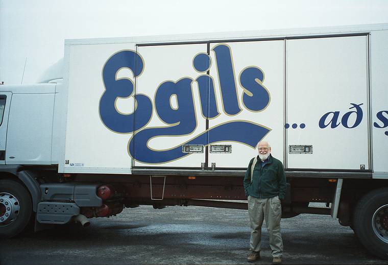 Aug 29, 2001 - Reykjahl, Iceland.<br />Egils in front of an Egils truck (photo by Baiba Abrams)<br />(Egils is the CocaCola and Budweiser of Iceland).