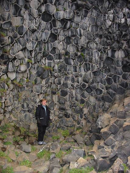 Aug 29, 2001 - Hljaklettar (echoing rocks) in Vesturdalur (west valley) in Jkulsrgljfur National Park.<br />Baiba and pattern formed by the ends of the horizontal columns of basalt.
