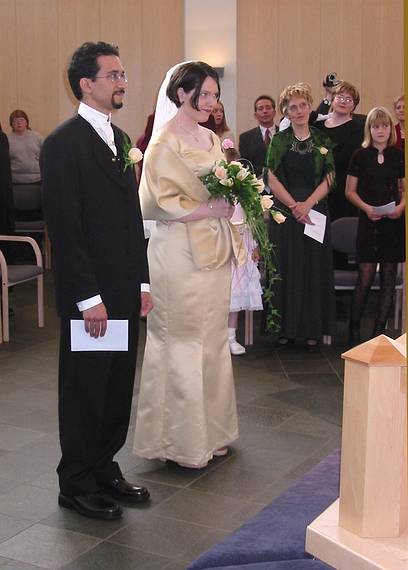 Aug 31, 2001 - Inga and Eric's wedding, Eskifjörður, Iceland.<br />Eric and Inga, with Benna and Kata behind.