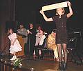 Aug 31, 2001 - Inga and Eric's wedding reception and Atli's 60th birthday celebration, Eskifjrur, Iceland.<br />Dagbjrt, Kristjana, Dagmar, Julia, Eric, Inga and Kata playing the newlywed game where they have to guess the partners likes and dislikes.