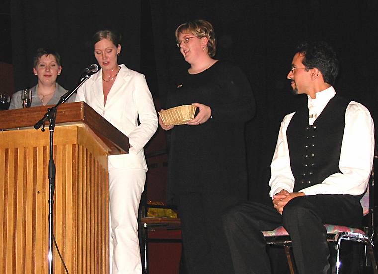Aug 31, 2001 - Inga and Eric's wedding reception and Atli's 60th birthday celebration, Eskifjrur, Iceland.<br />Inga's sisters have every female in the hall return Eric's apartment keys into a basket.<br />(Every woman was given a key beforehand.)