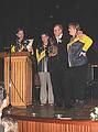 Aug 31, 2001 - Inga and Eric's wedding reception and Atli's 60th birthday celebration, Eskifjrur, Iceland.<br />Julia, Kristjana, and Dagmar presenting CDs of the songs that they sung tonight (Ingvar wrote many of them) to Atli.