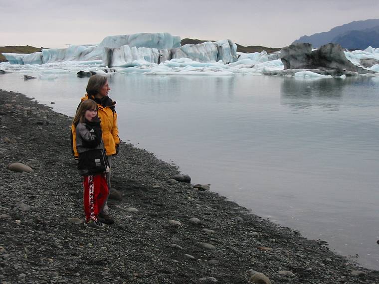 Sept 1, 2001 - At the shore of Jkulsrln (glacial river lagoon) at the foot of Breiamerkurjkull (a part of Vatnajkull).<br />Joyce and Dagbjrt.