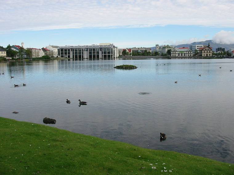 Sept 3, 2001 - Reykjavk, Iceland.<br />View of the city across the Tjrn (Pond).