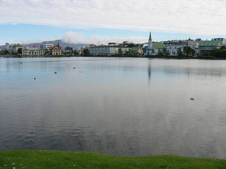 Sept 3, 2001 - Reykjavk, Iceland.<br />View of the city across the Tjrn (Pond).