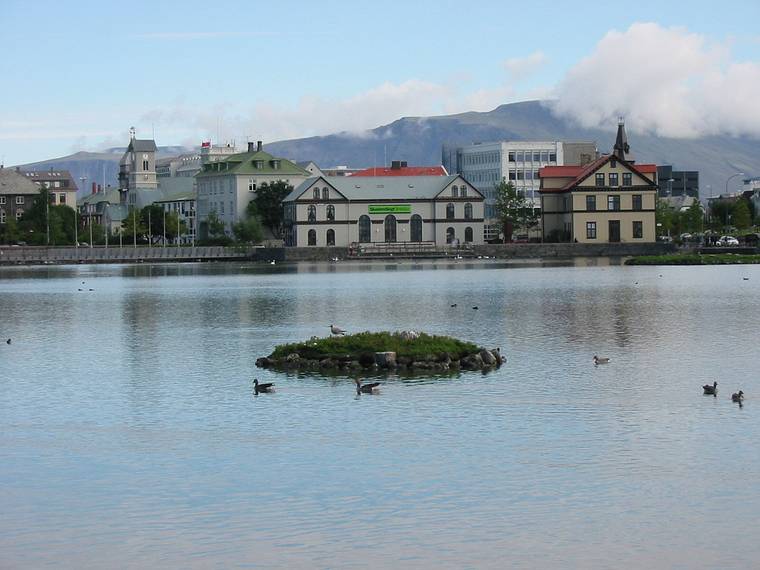 Sept 3, 2001 - Reykjavk, Iceland.<br />View of the city across the Tjrn (Pond).