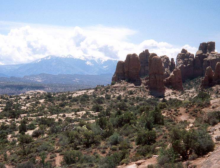 May 14, 2001 - Arches National Park, Utah.<br />Rock formations at the Windows with the La Sal Mountains in back.