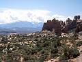 May 14, 2001 - Arches National Park, Utah.<br />Rock formations at the Windows with the La Sal Mountains in back.