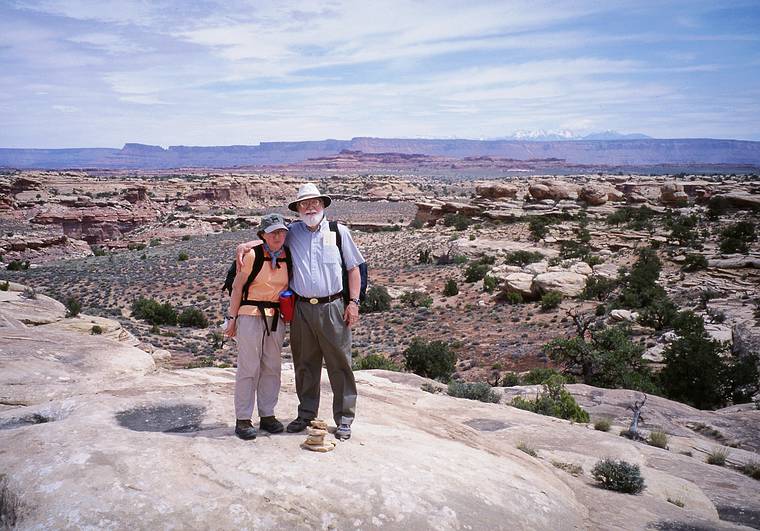 May 15, 2001 - The Needles District of Canyonlands National Park, Utah<br />Joyce and Egils at Viewpoint #1 on Slickrock Foot Trail. The Needles Overlook<br />and the La Sal Mountains are in the right and left background, respectively.