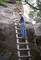 May 15, 2001 - The Needles District of Canyonlands National Park, Utah<br />Ronnie on ladder on trail at Cave Spring.