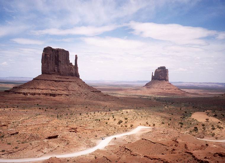 May 17, 2001 - Full day tour of Mystery Valley and Monument Valley, Utah/Arizona.<br />Left and Right Mittens from the visitor's center.