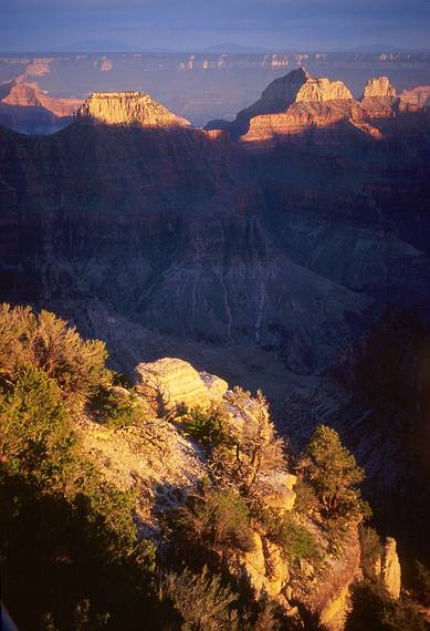 May 18, 2001 - North Rim of the Grand Canyon, Arizona.<br />Views from Bright Angell Point at sunset.<br />Deva, Brahma, and Zoroaster Temples in the background.