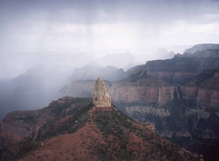 May 19, 2001 - Inperial Point, North Rim of the Grand Canyon, Arizona.<br />View S in a downpour. Mt. Hayden in the foreground.
