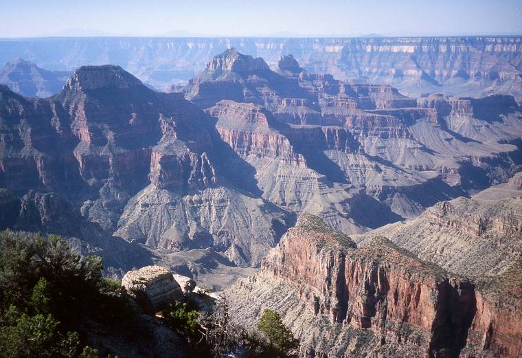 May 20, 2001 - Bright Angel Point, North Rim of the Grand Canyon National Park, Arizona.<br />Deva, Brahma, and Zoroaster Temples in early morning light (and shadows).