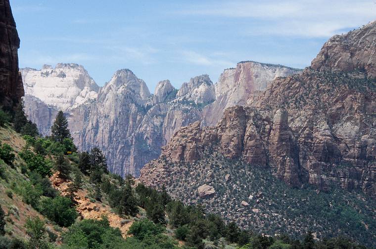 May 20, 2001 - Entrance road (UT-9) from the east to Zion National Park, Utah.<br />The Bee Hives and the Sentinel?