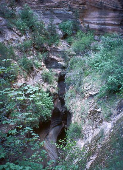 May 21, 2001 -  Zion National Park, Utah.<br />Hike to Observation Point along trail by the same name.<br />Looking down into a narrow gorge.