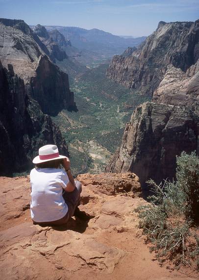 May 21, 2001 -  Zion National Park, Utah.<br />Hike to Observation Point along trail by the same name.<br />Joyce taking in the view at Observation Point.
