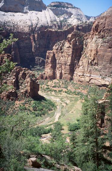 May 21, 2001 -  Zion National Park, Utah.<br />Hike to Observation Point along trail by the same name.<br />Zion Canyon looking north with North Fork Virgin River and the park road.