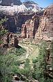 May 21, 2001 -  Zion National Park, Utah.<br />Hike to Observation Point along trail by the same name.<br />Zion Canyon looking north with North Fork Virgin River and the park road.