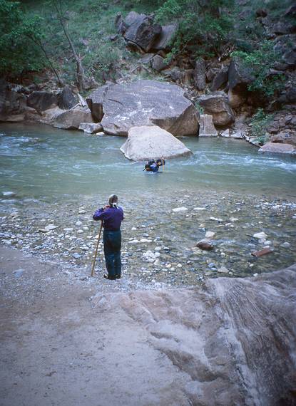 May 21, 2001 - Riverside Walk, Zion National Park, Utah<br />Two river walkers finishing their hike in the river.