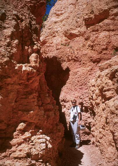 May 22, 2001 - Bryce Canyon National Park, Utah.<br />Hike along Navajo Loop Trail and Queens Garden Trail.<br />Baiba about to enter a narrow section of the trail.