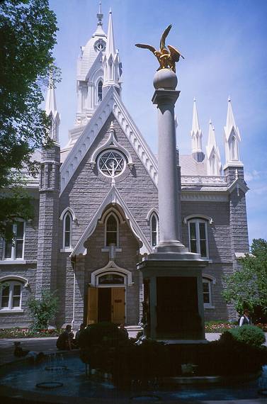 May 26, 2001 - Salt Lake City, Utah.<br />Assembly Hall and statue of seagulls - the seagull is Utah's state bird<br />since it ate the insects (locusts?) that threatened to destroy the Mormons' crops.