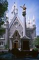May 26, 2001 - Salt Lake City, Utah.<br />Assembly Hall and statue of seagulls - the seagull is Utah's state bird<br />since it ate the insects (locusts?) that threatened to destroy the Mormons' crops.