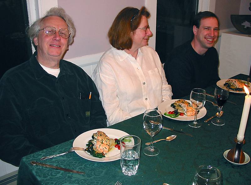 April 6, 2002 - Merrimac, Massachusetts.<br />Bill, Rhoda, and Chet and platefulls of salmon cooked by Joyce.