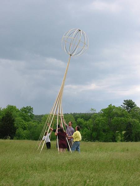 June 2, 2002 - Maudslay State Park, Newburyport, Massachusetts.<br />Outdoor sculpture exhibit picture taking (for the catalog) day.<br />Bert Snow, Eric Olson (the sculptor), and others fighting the wind.