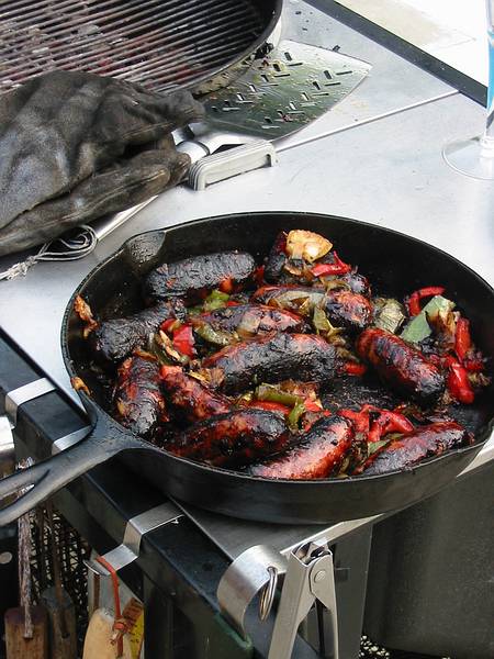 July 1, 2002 - At Marie's in Lawrence, Massachusetts.<br />The finished dish: a panfull of sweet sausages.