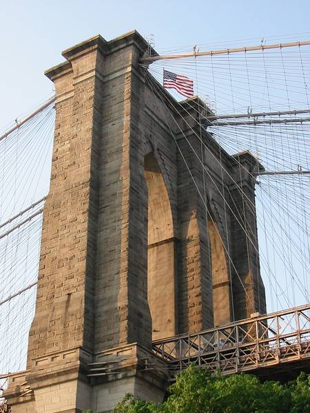 July 4, 2002 - New York, New York.<br />Brooklyn side support tower of the Brooklyn Bridge.