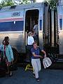 July 10, 2002 - Saratoga Springs, New York.<br />Baiba disembarking from her and Ronnie's trip from Baltimore.