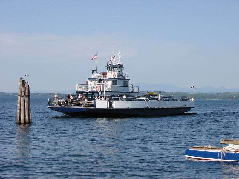 July 12, 2002 - Essex, New York.<br />Lake Champlain ferry arriving from Charlotte, Vermont.