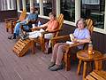 July 13, 2002 - AuSable, New York.<br />Ronnie, Baiba, and Joyce sitting in Adirondack chairs at the AuSable Chasm visitor center.