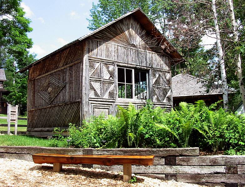 July 15, 2002 - Adirondack Museum, Blue Mountain Lake, New York.<br />A log guest cabin, Adirondack style.