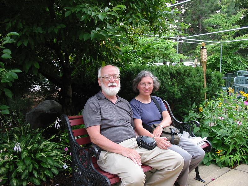 July 18, 2002 - Saratoga Springs, New York.<br />Egils and Joyce waiting for dinner at the Olde Bryan Inn.