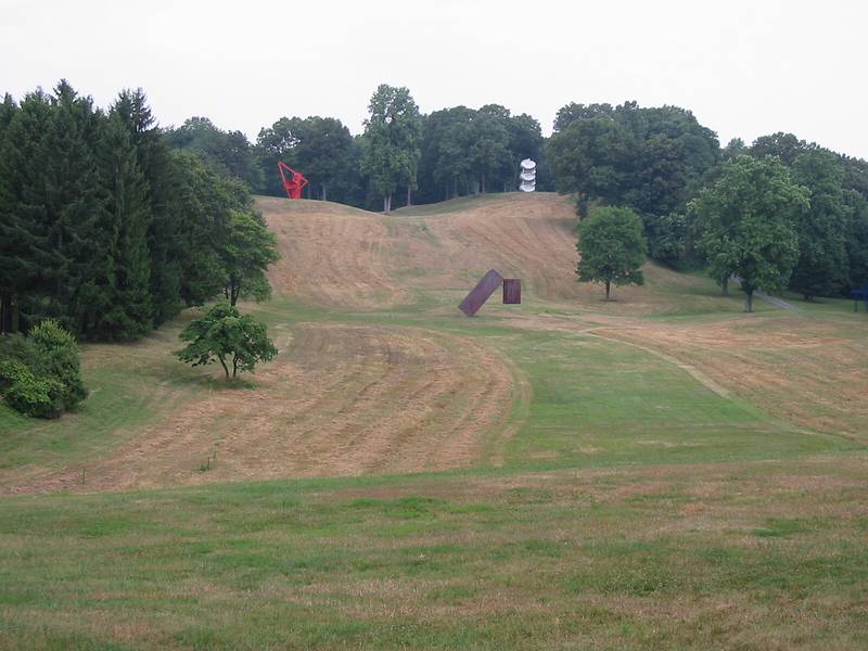 July 21, 2002 - Storm King Arts Center, Mountainville, New York.<br />Alexander Liberman's "Adam", 1970, Menashe Kadishman's "Suspended", 1977,<br />and Alice Aycock's "Three-Fold Monifestation II", 1987.