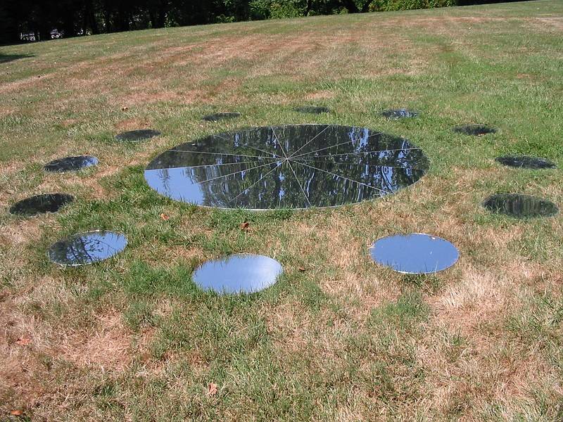 Aug 10, 2002 - Evergreen House, Charles Street, Baltimore, Maryland.<br />Doina Adams, "Silent Sky's Blueprint on Earth",<br />sculpture of reflecting stainless steel circles.